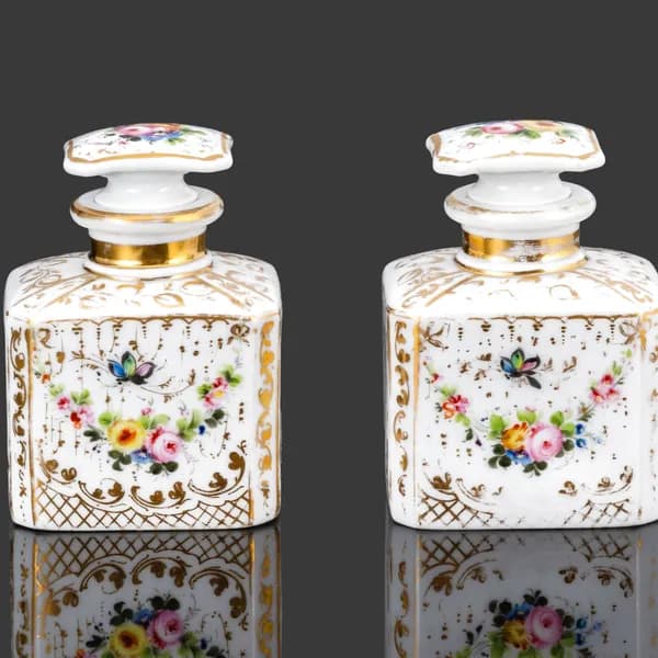 Пара фарфоровых флаконов для духов с цветочным декором и золочением. Российская империя, 1870-1890 гг.