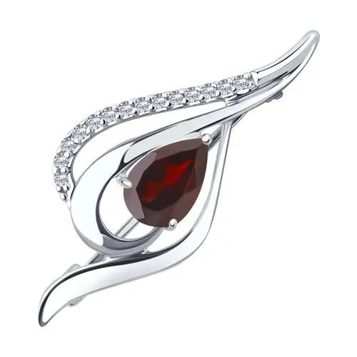 Брошь из серебра 925 пробы с гранатом и фианитами / размер 34*15 мм