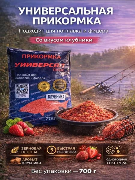 Прикормка рыболовная Универсал Плюс Клубника 700 г сухая смесь для фидера и поплавка