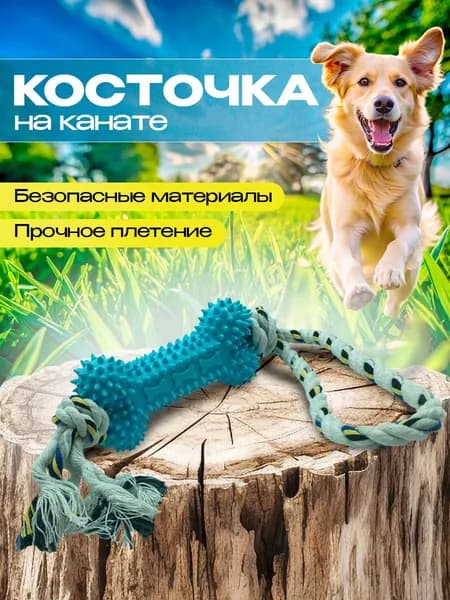 Игрушка для собак жевательная "Кость для массажа" с канатом Голубая, для прорезывания и чистки зубов, ухода за дёснами. Для щенков и взрослых собак