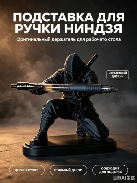 Этот уникальный органайзер для канцелярских принадлежностей, в который входят ручки и маркеры, выполнен в форме подставки для ручек в стиле ниндзя.