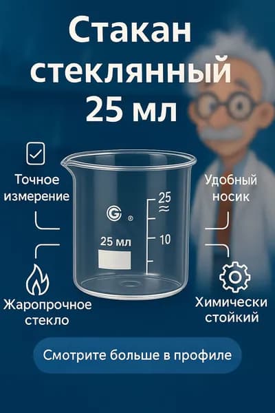 Стакан мерный 25 мл лабораторный, стеклянный, низкий с носиком и делениями, ТС ГОСТ