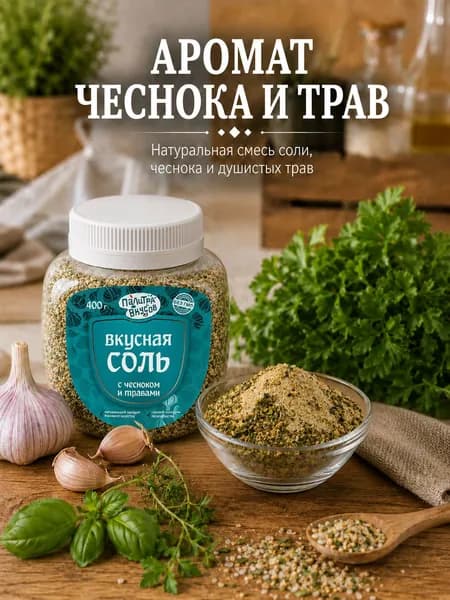 Вкусная соль "с чесноком и травами", 400 г, ТМ "Палитра Вкусов". Универсальная специя, приправа для блюд