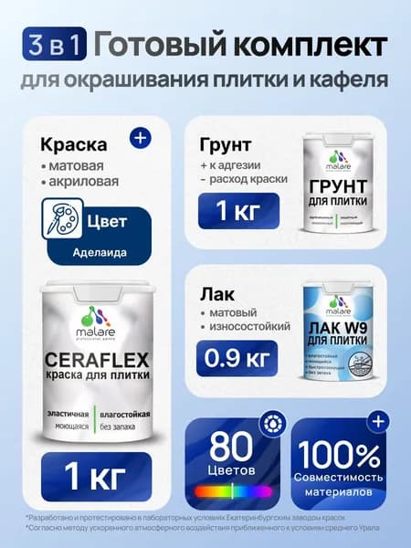 Комплект Malare LIPPO для окрашивания плитки и кафеля (1кг грунт + 1 кг краска + 0.9кг лак), акриловый, без запаха, быстросохнущий, матовый, цвет аделаида
