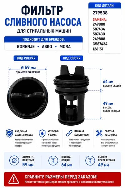 Фильтр сливного насоса для стиральной машины Asko, Mora, 279538, 587434, 587430, 249808