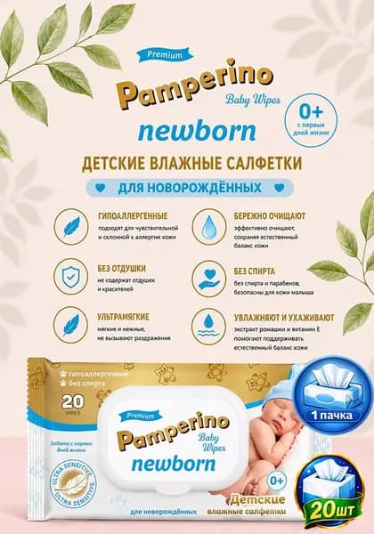 Детские влажные салфетки Pamperino Newborn, без отдушки, 20 шт х 1уп