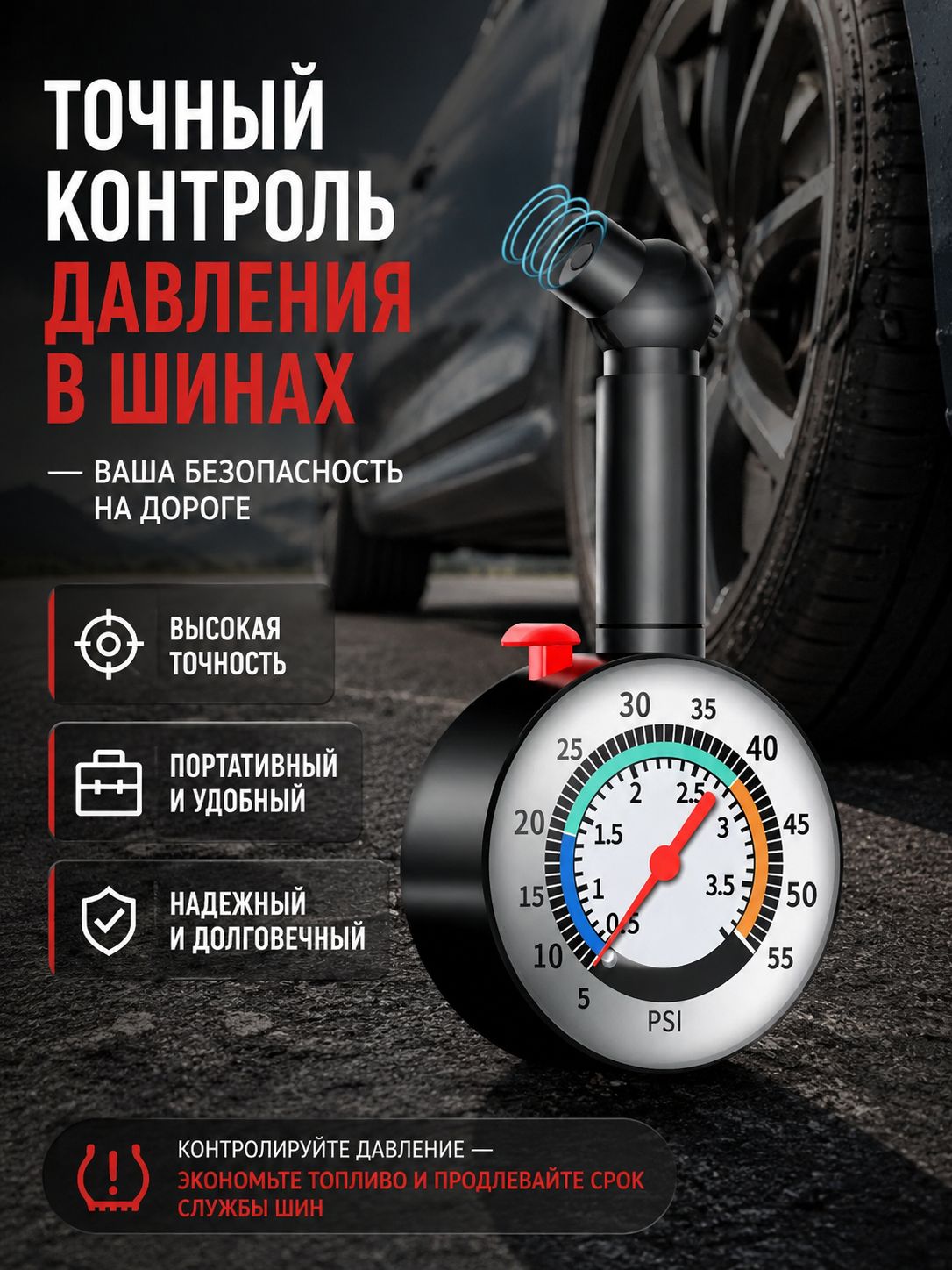 Манометр автомобильный, 1 шт.