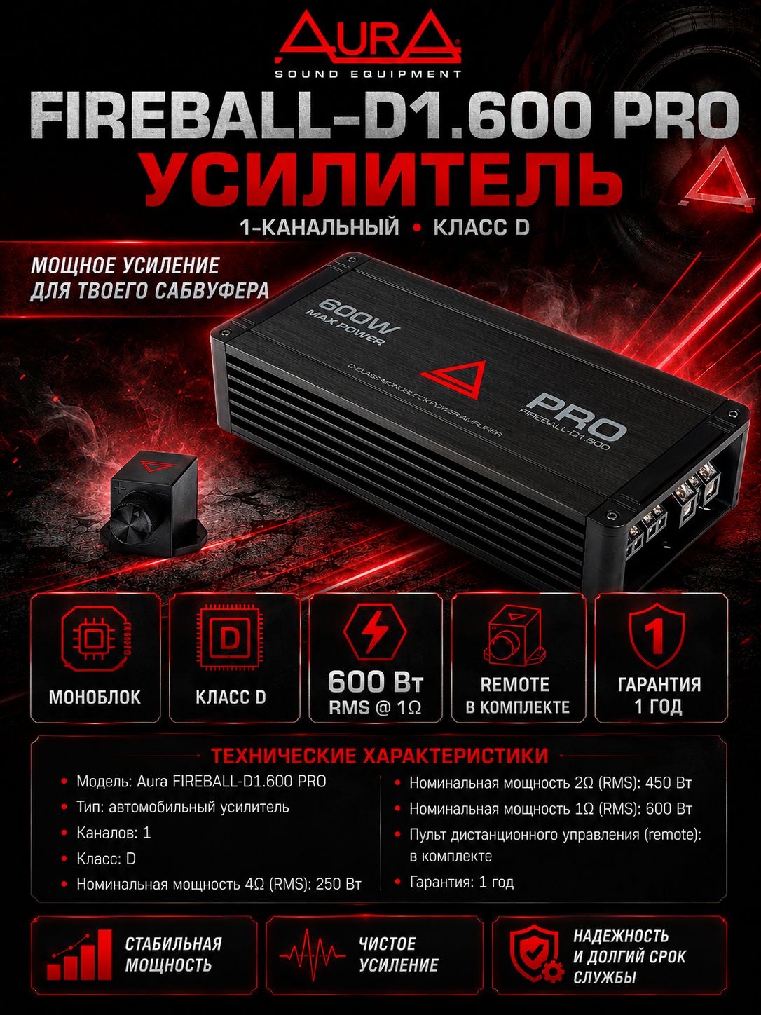 Автомобильный Усилитель, 1-канальный, Aura FIREBALL-D1.600 PRO
