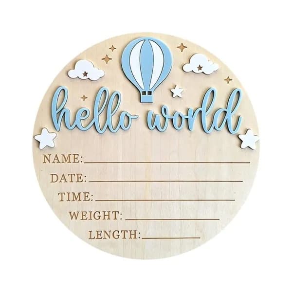 Деревянная памятная табличка о рождении ребенка Hello world -светло-голубой с белым