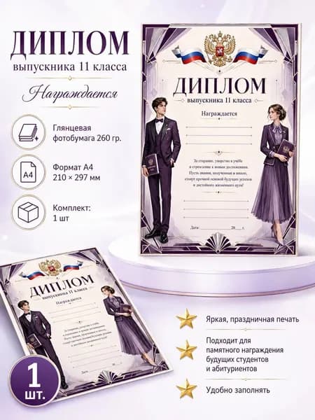 Диплом выпускника 11 класса А4, 1 шт.