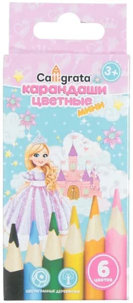 Карандаши цветные заточенные мини "Принцесса" для детей, набор из 6 цветов в картонной коробке, корпус деревянный шестигранный