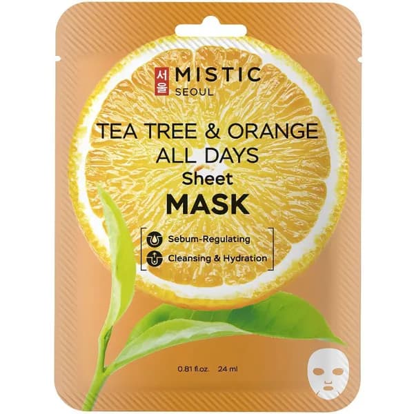 MISTIC ALL DAYS Sheet MASK Тканевая маска для лица с экстрактами чайного дерева и апельсина 24мл