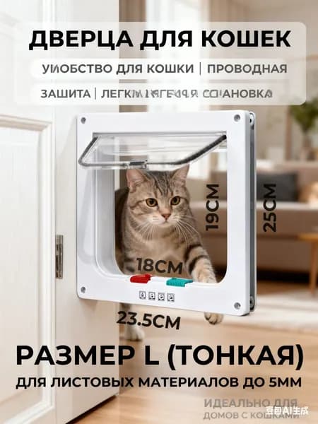 GEALFIS Дверца для животных L Slim тонкая 23.5х25см врезная в тонкие двери 5мм 4 режима магнит белая прозрачная