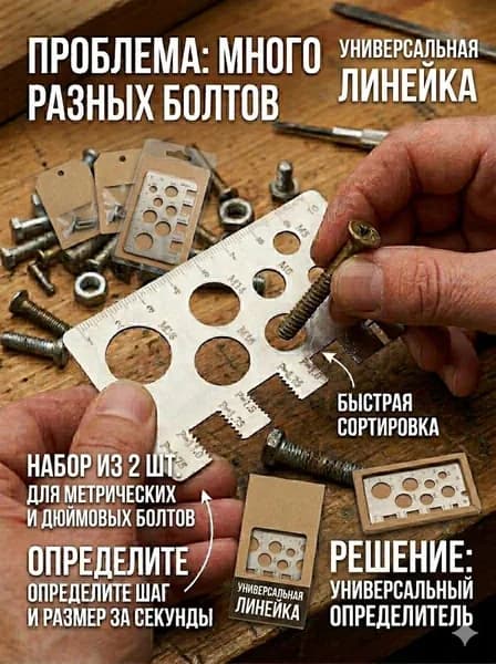 Измеритель болтов и резьбы шаблон из стали, определитель диаметра и шага резьбы М3-М18 2 штуки