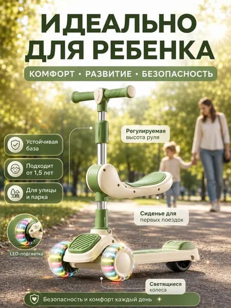 Самокат Детский трехколесный самокат 3 в 1 со светящимися колесами и сиденьем / Беговел для малышей от 1 года до 8 лет, салатовый, светло-зеленый