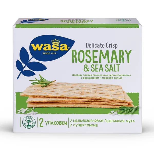 Хлебцы WASA тонкие пшеничные цельнозерновые с розмарином и морской солью, 190 г, Германия