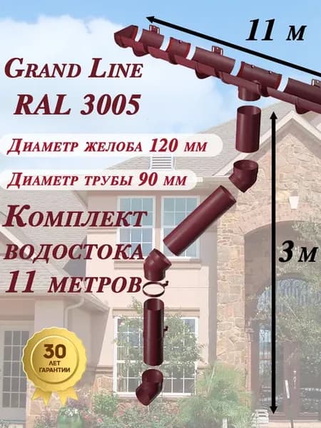 Водосток 11 м (вишневый RAL 3005) комплект Гранд Лайн 6м+5м