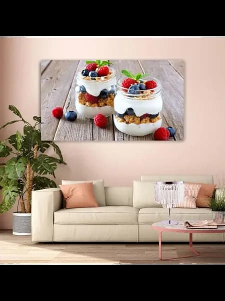 Картина на холсте, 40x60, Ягоды мюсли завтрак баночки йогурт