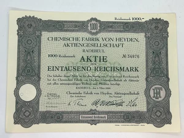 Ценная бумага Германия. Химический завод Гейдена, 1000 марок 1929 №87