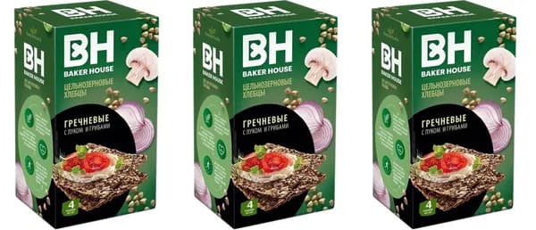 Baker House Хлебцы Скандинавские, цельнозерновые, гречневые с луком и грибами, 180 г, 3 уп//