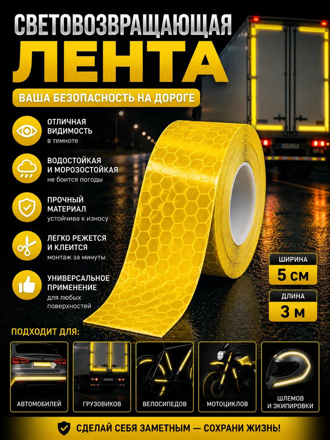 Светоотражающая предупреждающая лента, желтая, 5см*3м