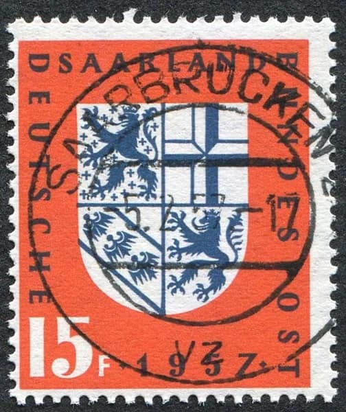 Саар 1957 г. Герб. Почтовая марка. Гашение