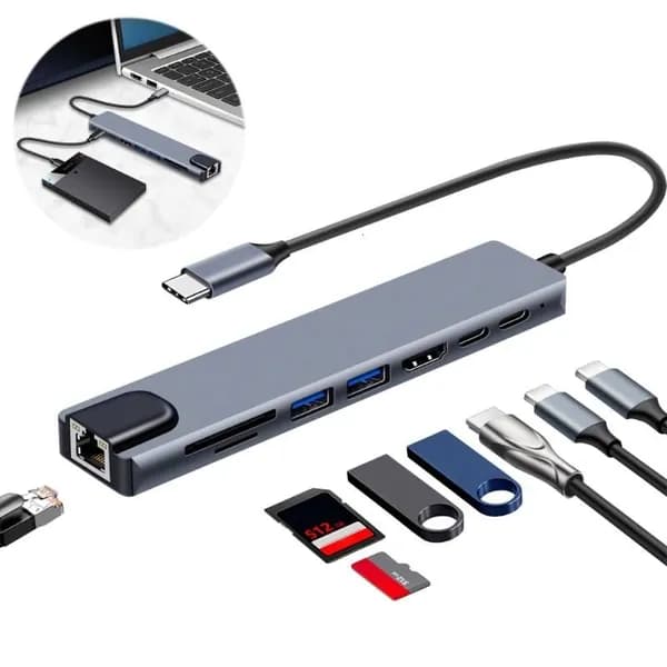 USB-C док 8-в-1 с HDMI 4K 30Hz, гигабитным Ethernet и зарядкой 100W