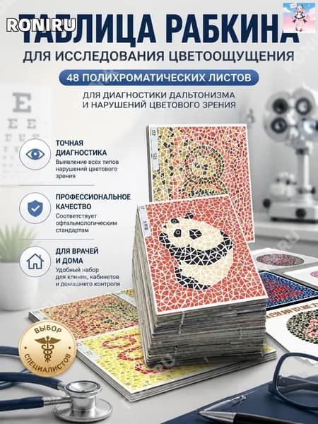 Таблица для исследования цветоощущения Рабкина, 48 полихроматических листов для диагностики дальтонизма и нарушений цветового зрения, офтальмологический тест, набор для врача и дома