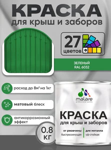 Краска по металлу Malare для крыш и заборов по ржавчине, для наружных работ, быстросохнущая износостойкая RAL 6032 зеленый, матовая, 0,8 кг