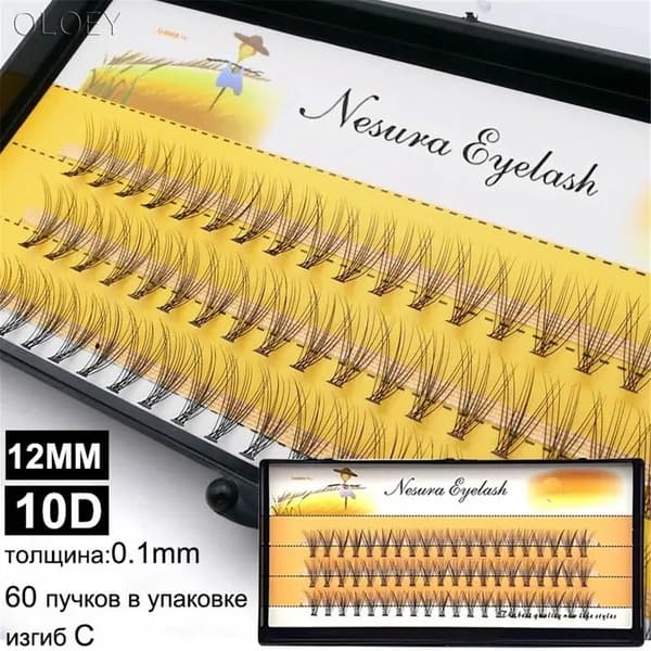 Накладные ресницы пучки Nesura длина микс 12 мм. изгиб C, объем 10 D, 60 пучков, для макияжа и визажиста