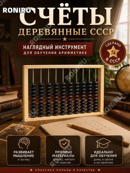 Счёты деревянные СССР, наглядный инструмент для обучения арифметике с деревянной рамой, металлическими элементами и пластиковыми костяшками
