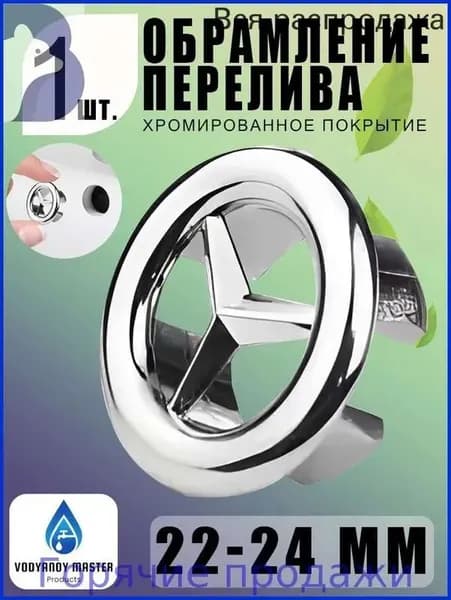 Кольцо перелива 22-24 мм, звезда Mercedes, хром, стильный декор раковины 1 шт