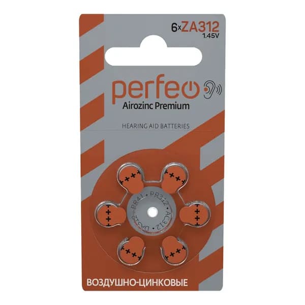 Батарейка для слуховых аппаратов PERFEO ZA312 (PR41) Airozinc Premium воздушно-цинковая 1.45В 6 штук (бл6)