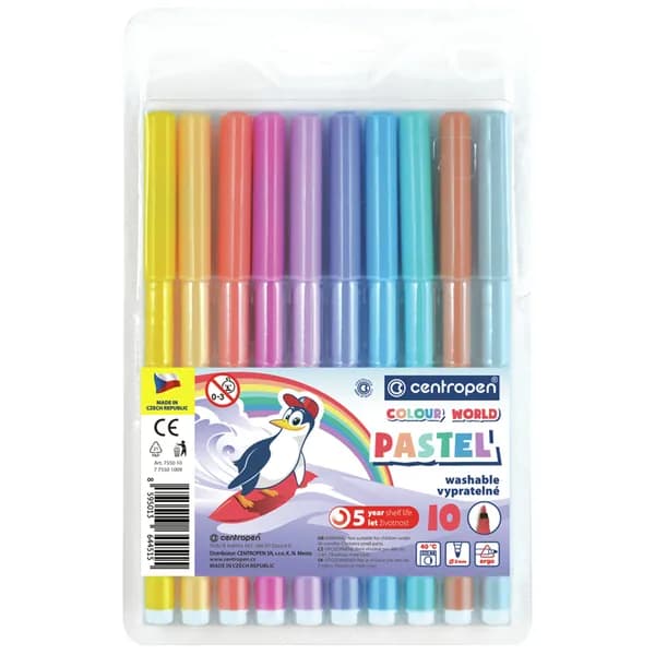 Фломастеры для рисования набор Centropen "Colour World. Pastel", 10 цветов, 2мм, смываемые, блистер