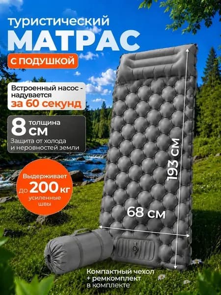 Матрас надувной односпальный Коврик туристический с подушкой