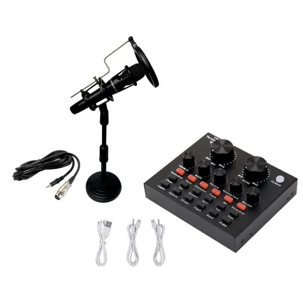 Микрофон E300 на настольной стойке NVP-40 с кабелем XLR - jack 3.5 и звуковой картой микшером V8, поп-фильтром и держателем микрофона в коробке
