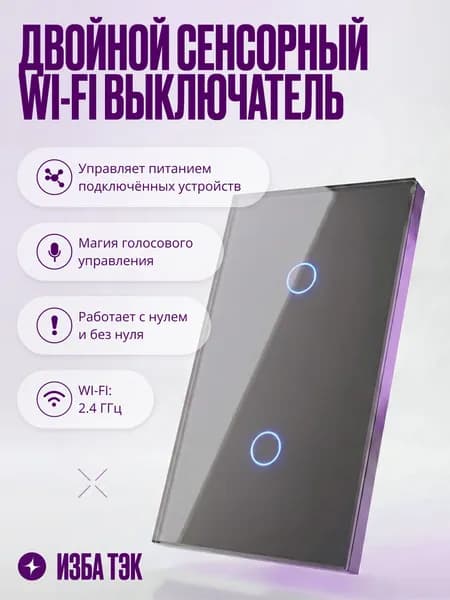 Умный сенсорный выключатель на 2 поста (1 кл + 1 кл) с Wi-Fi, в серой стеклянной рамке