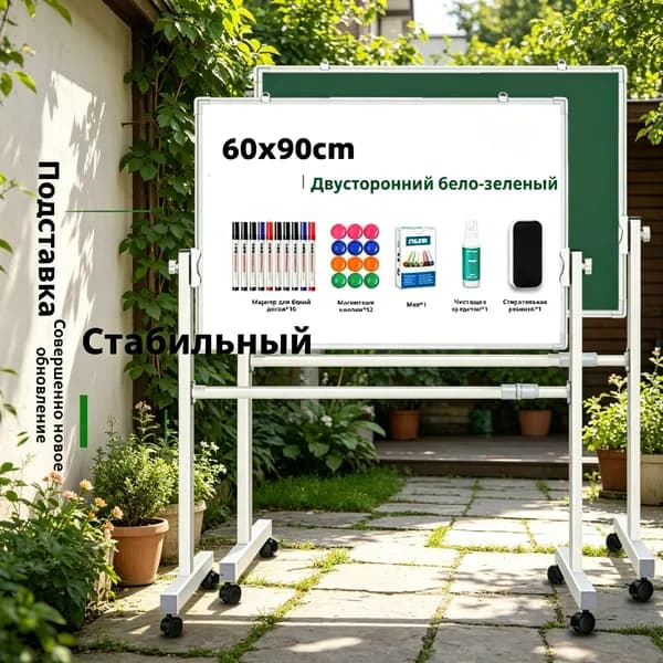 Доска поворотная магнитно-маркерная 60x90 см, с полкой, мобильная на ножках с колесами, двусторонняя, бело+зеленый