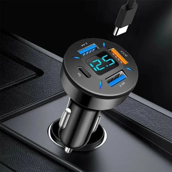 Автомобильное зарядное устройство с 4 USB-портами, сверхбыстрой зарядкой и дисплеем напряжения для телефона