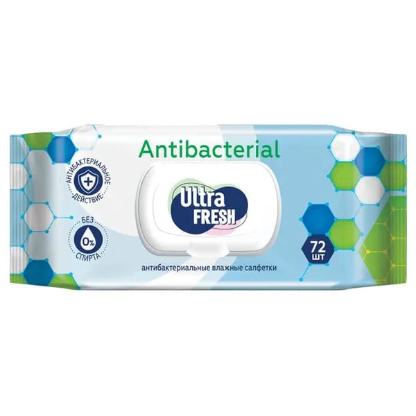 Ultra Fresh Салфетки влажные антибактериальные с клапаном 72шт