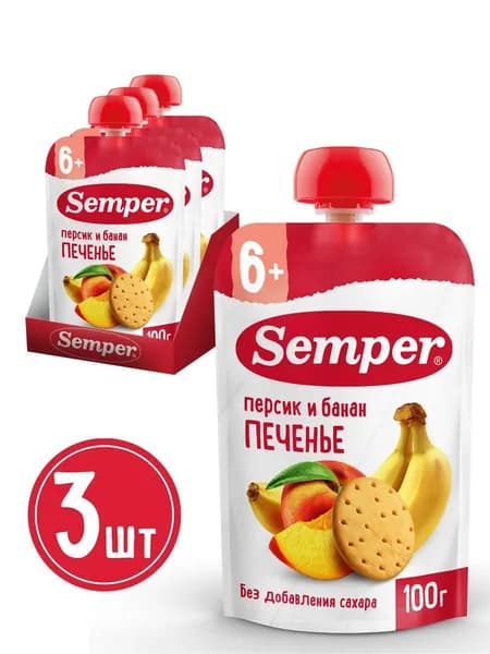Semper фруктовое пюре "Персик Банан с Печеньем" (100грx3)