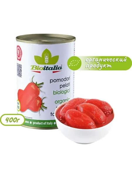 Томаты BIOITALIA Pomodori pelati консервированные очищенные целые в томатном соке, 400г.