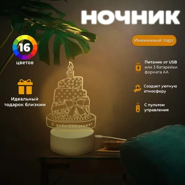Ночник декоративный/На ней написано "С днем рождения" /подарок на день рождения/Милый ночник для торта