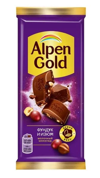 Alpen Gold Шоколад молочный С фундуком и изюмом, 80 г