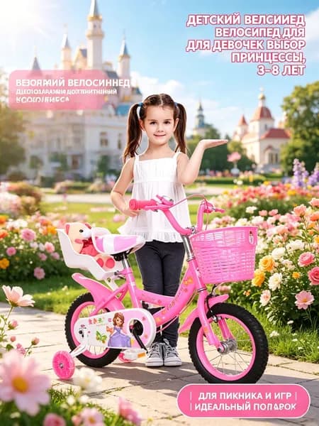 Велосипед двухколесный детский 14" дюймов PRINCESS рост 105120 см для девочки розовый. Для малышей 3 года, 4 года, 5 лет, велосипед принцесса, велик детский, с мишкой, с корзиной, с багажником.