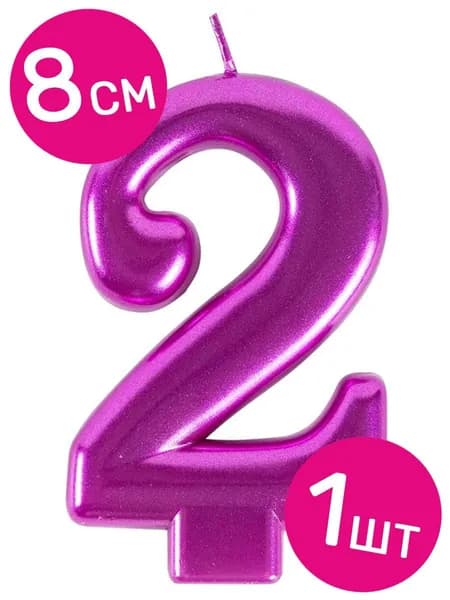 Свеча для торта парафиновая Riota Цифра 2, ярко-розовый, 8 см, 1 шт.