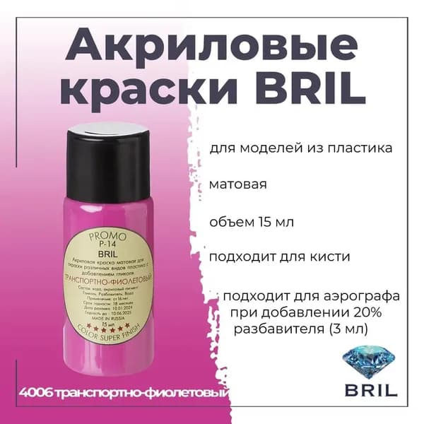 Акриловая краска для моделирования BRIL, для окраски различных видов пластика, под кисть, для аэрографа-разбавлять, баночка 15 мл