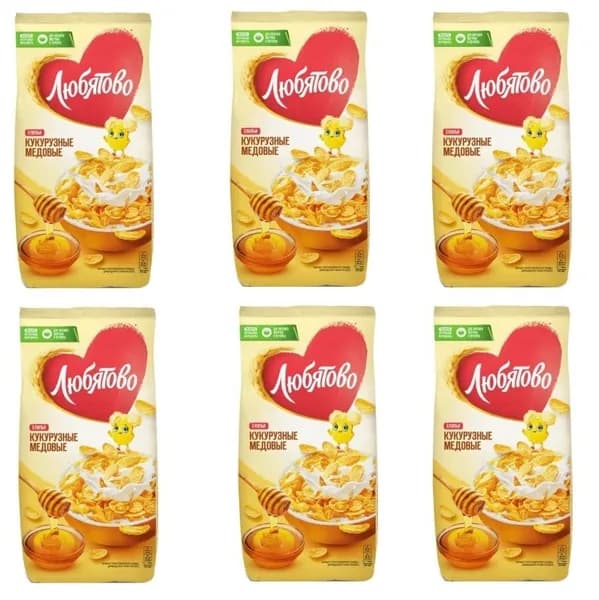 Любятово Хлопья Медовые, кукурузные, 250 г, 6 уп.