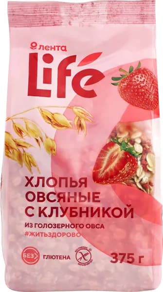 Хлопья овсяные безглютеновые ЛЕНТА LIFE с клубникой, 375г
