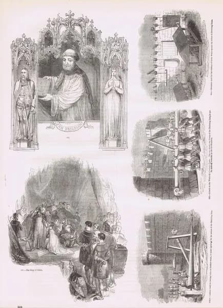 Старая Англия 111. Историк Жан Фруассар, осада Кале, стенобитные орудия (тараны) и механизмы для защиты от таранов. Антикварная гравюра (ксилография). Англия, 1864 год